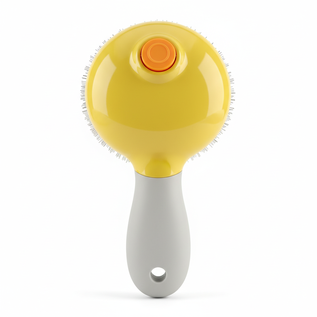 Pawra self-cleaning grooming brush with one-touch button, white background, professional product photo
